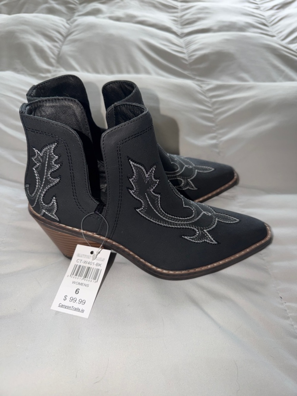 Women's Black Western Cutout Ankle Booties with Silver Stitching